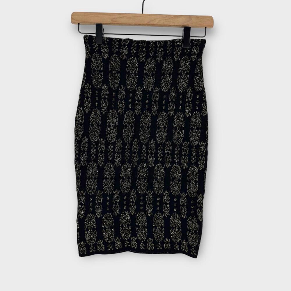 RVN Women’s Size XS Black Gold Metallic Knit High Waist Fitted Bodycon Skirt